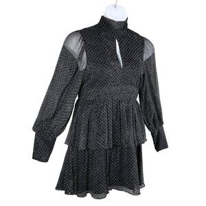 Caballero M 100% Silk Tiered Speckled Long Sleeve Dress Keyhole Turtle Neckline